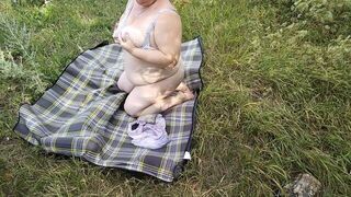 fat girl with big tits masturbates pussy with toys in nature - porn video